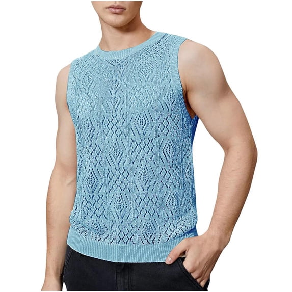 Lovzfmll Muscle Shirts for Men, Men's Tank Tops Fashion Hollow Out Casual Solid Color Sleeveless Workout Quick Dry Shirts Gym Muscle Shirts Athletic Bodybuilding Tee Round Neck Collar Top Sky Blue L