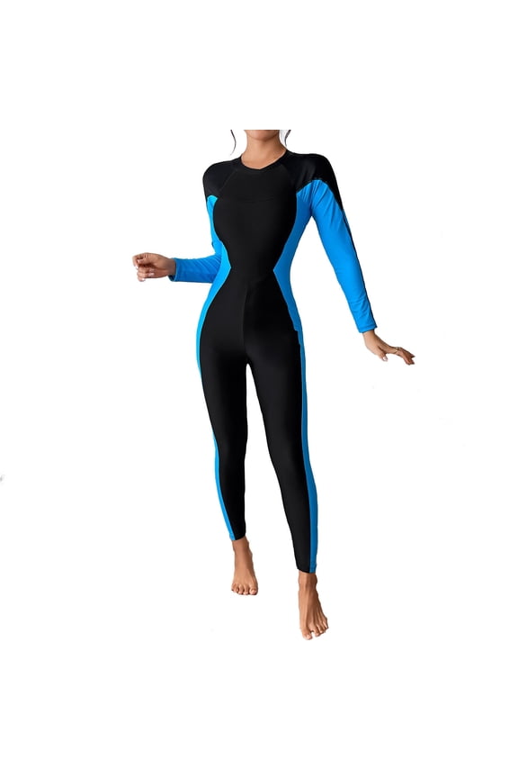 One Piece Rash Guards for Women Crew Neck Athletic, Long Sleeve Pants Zip Front Tight Surfing Bathing Suit, Blue M