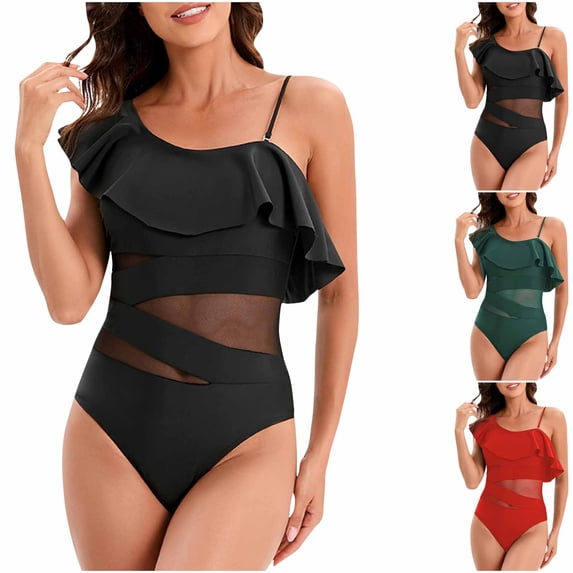 Lovzfmll One Piece Swimsuits for Women Crew Neck Solid One Shoulder Ruffle with Removable Pads, Dressy Spaghetti Straps Push-Up Open Back Slimming Bathing Suit, Black S