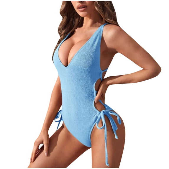 Lovzfmll One Piece Swimsuits for Women Deep V-Neck Solid Sleeveless, Dressy String Bikini Spaghetti Straps Push-Up Open Back Bathing Suit, Light Blue S