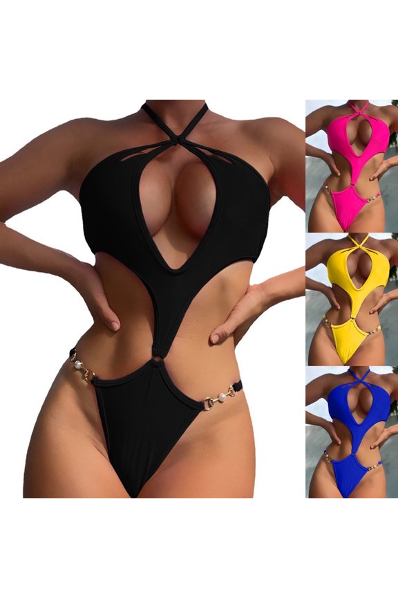 One Piece Swimsuits for Women Halter Solid Cutout, High Cut Halter Push-Up Open Back Dressy Bikini Beach Bathing Suit, Black S