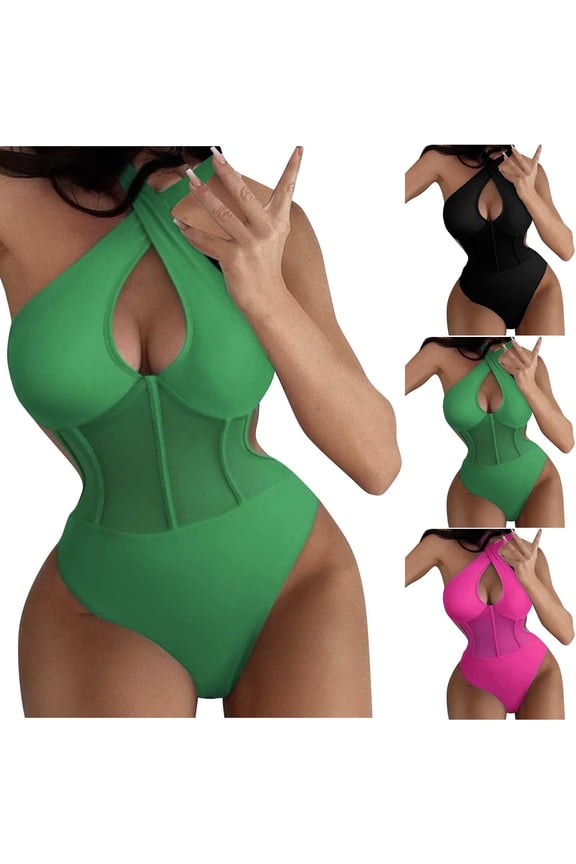 One Piece Swimsuits for Women Keyhole Neck Solid Sheer Mesh Bikini, High Cut Halter Push-Up Open Back Bathing Suit, Green S