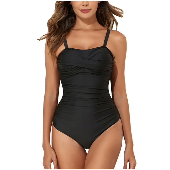 Lovzfmll One Piece Swimsuits for Women Square Neck Casual, Bikini Spaghetti Straps Push-Up Low Back Bathing Suit, Black M