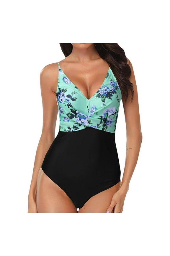 One Piece Swimsuits for Women V-Neck Printed, Bikini Spaghetti Straps Push-Up Open Back Stretch Bathing Suit, Green 2XL