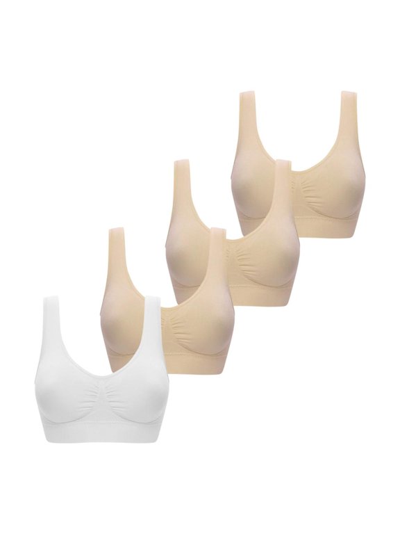 Oversized Bras for Women! Womens Sports Bras, Yoga Comfort Seamless Stretchy Sports Bra for Women 4 Pack 4PC (Wool White & Beige) S