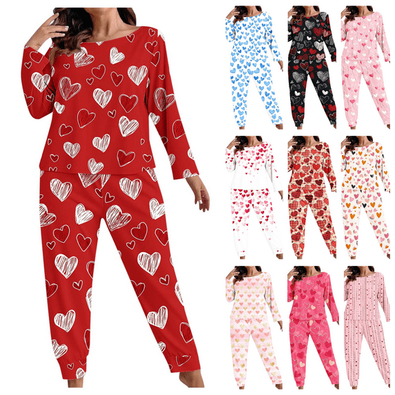 Lovzfmll Pajama Set for Women, Big & Tall Valentine's Print Set, Long Sleeve Lounge Top and Pants, Cozy Sleepwear Wine, XL