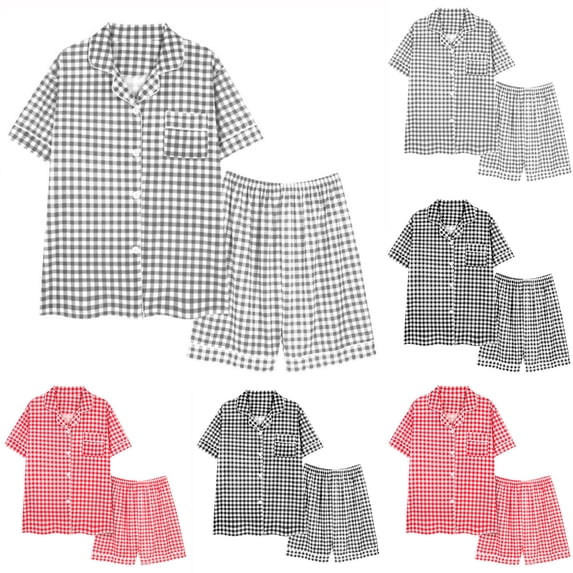 Lovzfmll Pajama Set for Women, Plaid Print Short Sleeve Set, Elastic Waist Pocket Pants & Top, Casual Home Sleepwear Black, XL