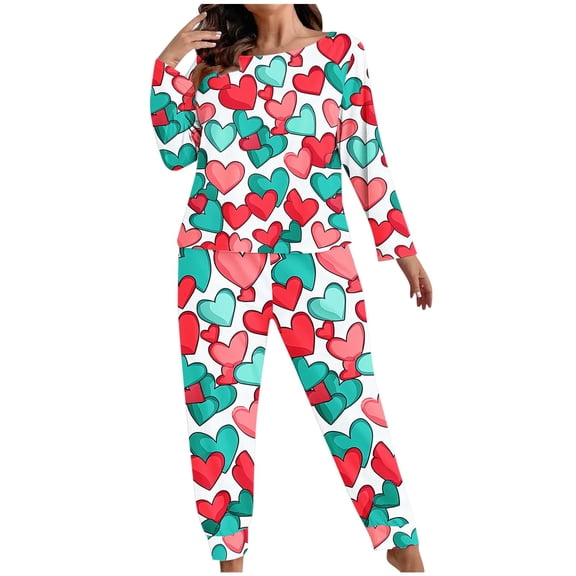 Lovzfmll Pajama Set for Women, Plus Size Valentine's All-Over Print Set, Long Sleeve Top and Pants, Comfortable Home Loungewear Blue, XL