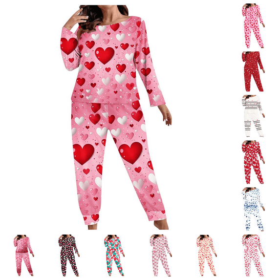 Lovzfmll Pajama Set for Women, Plus Size Valentine's All-Over Print Set, Long Sleeve Top and Pants, Comfortable Home Loungewear Hot Pink-A, XL