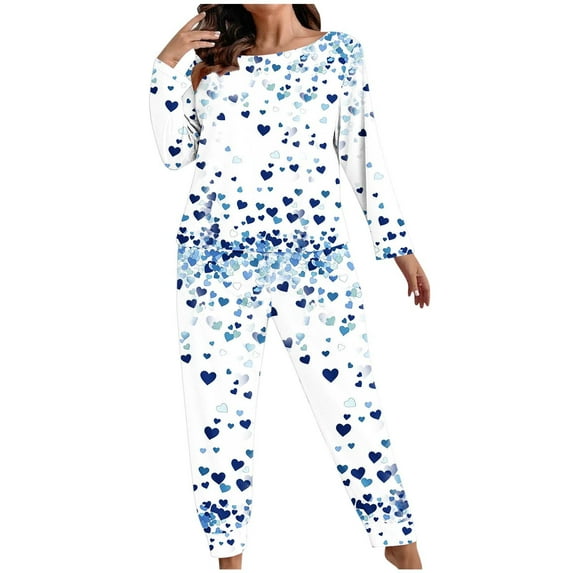 Lovzfmll Pajama Set for Women, Plus Size Valentine's All-Over Print Set, Long Sleeve Top and Pants, Comfortable Home Loungewear Navy, 4XL