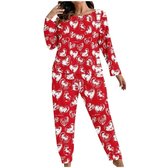 Lovzfmll Pajama Set for Women, Plus Size Valentine's All-Over Print Set, Long Sleeve Top and Pants, Comfortable Home Loungewear Red, XL