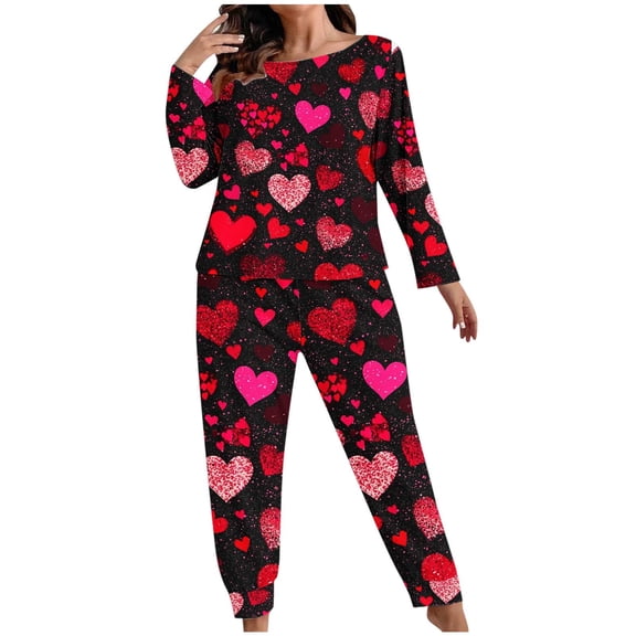Lovzfmll Pajama Set for Women, Plus Size Valentine's Day Print Set, Long Sleeve Lounge Top and Pants, Cozy Home Sleepwear Black-A, XL