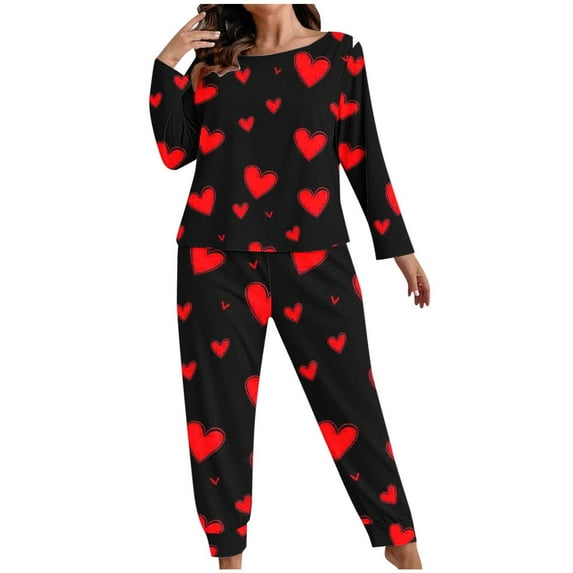 Lovzfmll Pajama Set for Women, Plus Size Valentine's Day Print Set, Long Sleeve Lounge Top and Pants, Cozy Home Sleepwear Black-B, 5XL
