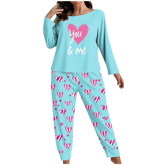 Lovzfmll Pajama Set for Women, Plus Size Valentine's Day Print Set, Long Sleeve Top and Pants Sleepwear, Cozy Home Loungewear Light Blue, 5XL