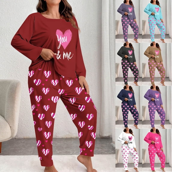 Lovzfmll Pajama Set for Women, Plus Size Valentine's Day Print Set, Long Sleeve Top and Pants Sleepwear, Cozy Home Loungewear Multicolor, XL