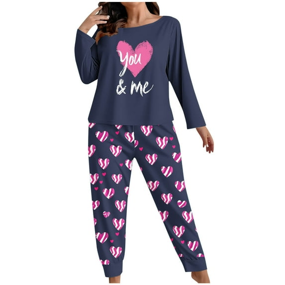 Lovzfmll Pajama Set for Women, Plus Size Valentine's Day Print Set, Long Sleeve Top and Pants Sleepwear, Cozy Home Loungewear Navy, 4XL