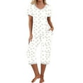 thumbnail image 1 of Lovzfmll Pajama Set for Women, Printed V-Neck Short Sleeve Set, Pocket 3/4 Pants Sleepwear, Casual Home & Active Loungewear Beige, L, 1 of 9