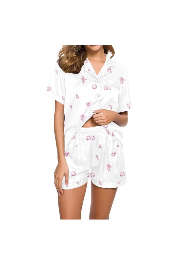 Pajama Set for Women, Shell Print Satin Short Sleeve Set, Collared Top and Shorts Sleepwear, Elegant Casual Loungewear Pink, XL