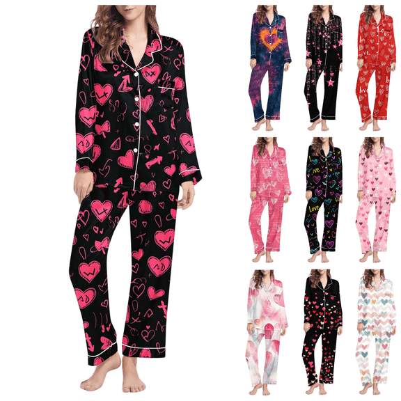 Lovzfmll Pajama Set for Women, Valentine's Day Print Collared Set, Long Sleeve Top and Pants, Cozy & Casual Sleepwear Black-A, S