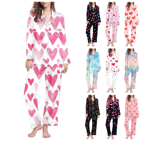 Lovzfmll Pajama Set for Women, Valentine's Day Print Long Sleeve Set, Collared Casual Top and Pants, Comfortable Home Sleepwear Pink-A, S