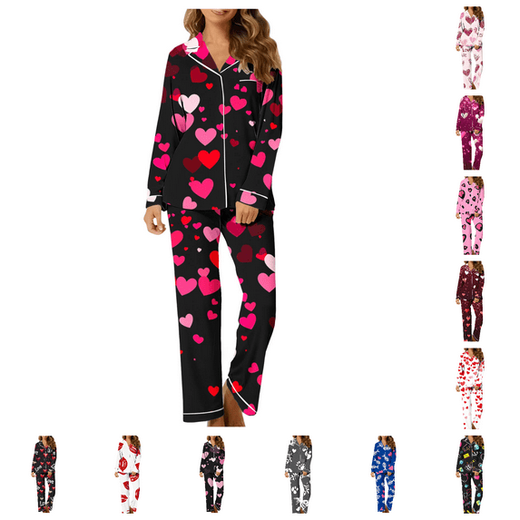 Lovzfmll Pajama Set for Women, Valentine's Day Print Long Sleeve Set, Collared Sleepwear Two-Piece, Cute & Comfortable Loungewear Black-A, S
