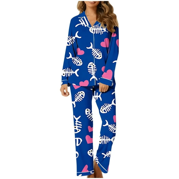 Lovzfmll Pajama Set for Women, Valentine's Day Print Long Sleeve Set, Collared Sleepwear Two-Piece, Cute & Comfortable Loungewear Blue, M