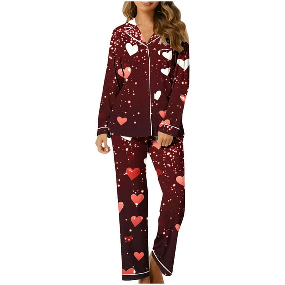 Lovzfmll Pajama Set for Women, Valentine's Day Print Long Sleeve Set, Collared Sleepwear Two-Piece, Cute & Comfortable Loungewear Wine, L