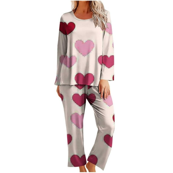 Lovzfmll Pajama Set for Women, Valentine's Day Print Long Sleeve Set, Crewneck Top and Pants Sleepwear, Casual Home Loungewear Pink, XL