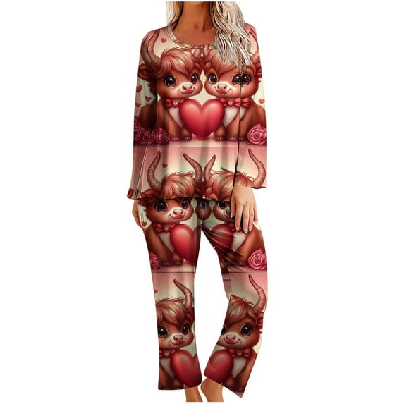 Lovzfmll Pajama Set for Women, Valentine's Day Print Long Sleeve Set, Crewneck Top and Pants Sleepwear, Casual Home Loungewear Wine, 4XL