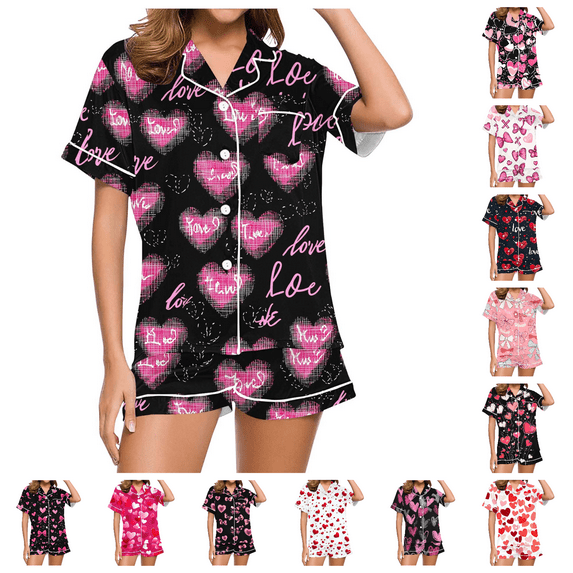 Lovzfmll Pajama Set for Women, Valentine's Day Print Short Sleeve Set, Collared Pocket Top & Shorts, Casual Home Sleepwear Black-A, S