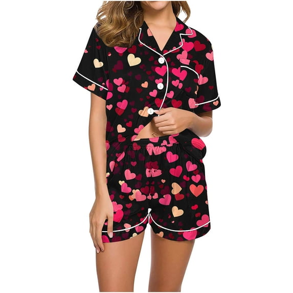 Lovzfmll Pajama Set for Women, Valentine's Day Print Short Sleeve Set, Collared Pocket Top & Shorts, Casual Sleep & Home Wear Black-B, L