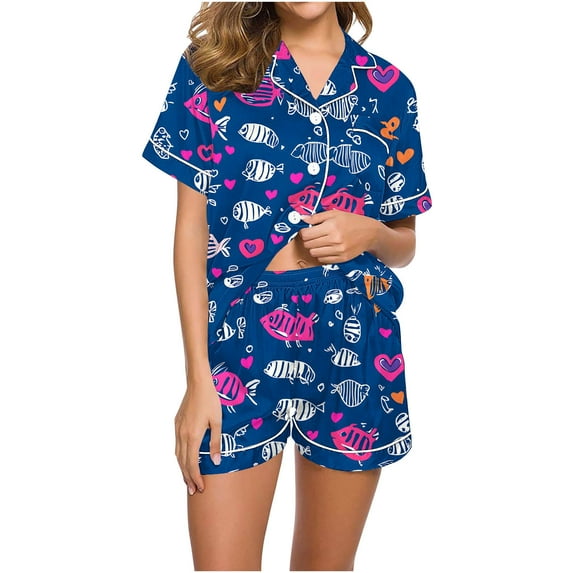 Lovzfmll Pajama Set for Women, Valentine's Day Print Short Sleeve Set, Collared Pocket Top & Shorts, Casual Sleep & Home Wear Navy, L