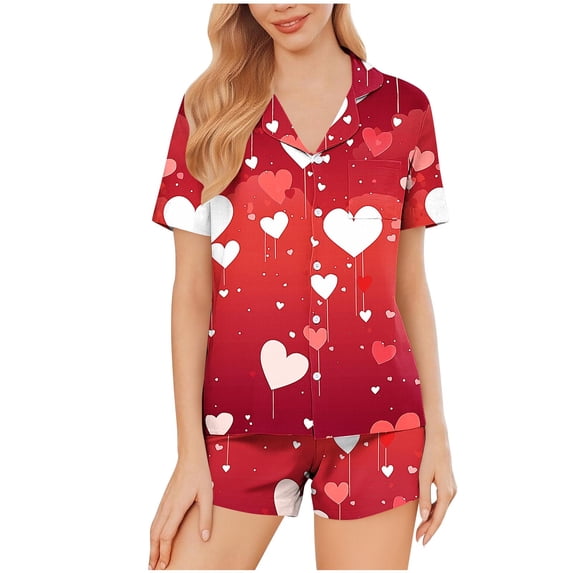 Lovzfmll Pajama Set for Women, Valentine's Milk Silk Pajama Set, Short Sleeve Collared Top & Shorts, Soft & Comfortable Watermelon Red-A, M