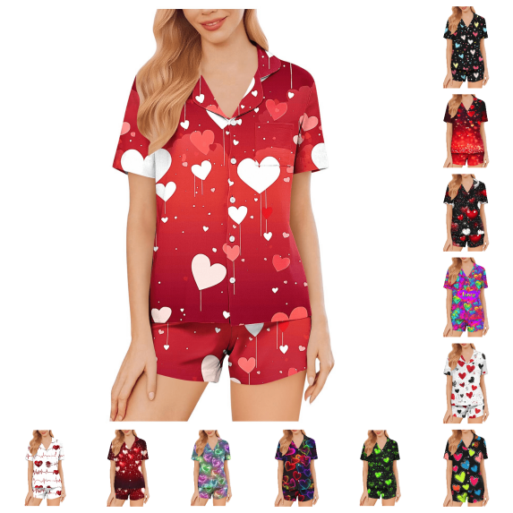 Lovzfmll Pajama Set for Women, Valentine's Milk Silk Pajama Set, Short Sleeve Collared Top & Shorts, Soft & Comfortable Watermelon Red-A, S