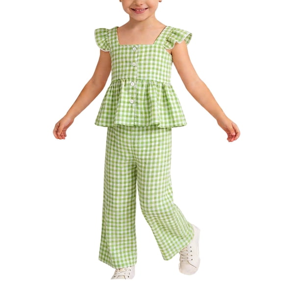 Lovzfmll Plaid Flutter Sleeve Wide Leg Pants Set for Girls, Sleeveless Ruffle Top & Casual Pants, Loose Fit Outfits for Infant 18-24 Months