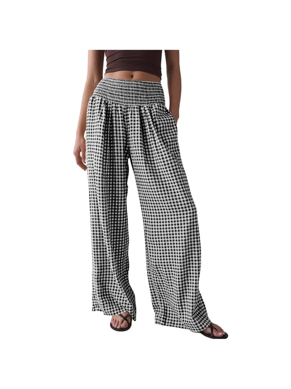 Plaid Pants for Women, Elastic Waist Stretch Trousers, Checkered Print Casual Pants with Pockets Black, L