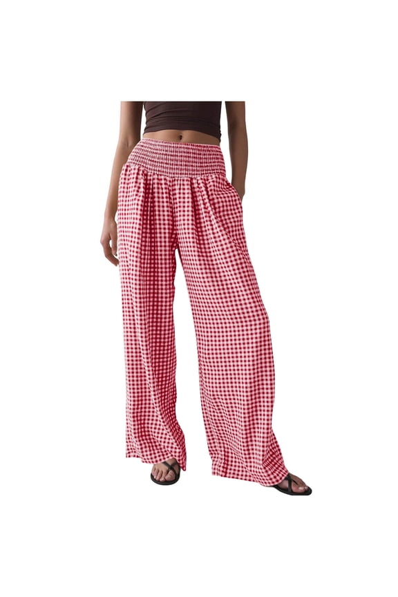 Plaid Pants for Women, Elastic Waist Stretch Trousers, Checkered Print Casual Pants with Pockets Pink, S