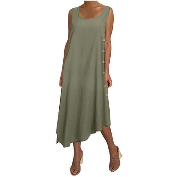 Lovzfmll Plus Size Summer Dresses, Womens Casual Summer Dresses Sleeveless Round Neck Loose Tank Dress Beach Fashion Summer Solid Color Lightweight and Comfortable Maxi Dress Army Green M