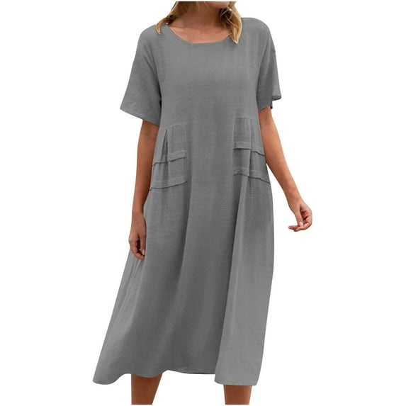 Lovzfmll Plus Size Womens Summer Dresses Lightweight Short Sleeve Solid Color Round Neck Casual Comfortable Loose Breathable Cotton Linen Sundress Mid-Length Dress Gray C L