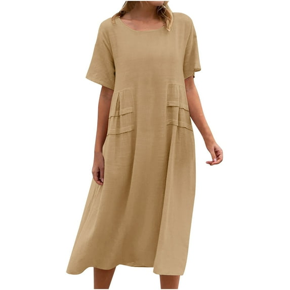 Lovzfmll Plus Size Womens Summer Dresses Lightweight Short Sleeve Solid Color Round Neck Casual Comfortable Loose Breathable Cotton Linen Sundress Mid-Length Dress Khaki C 4XL