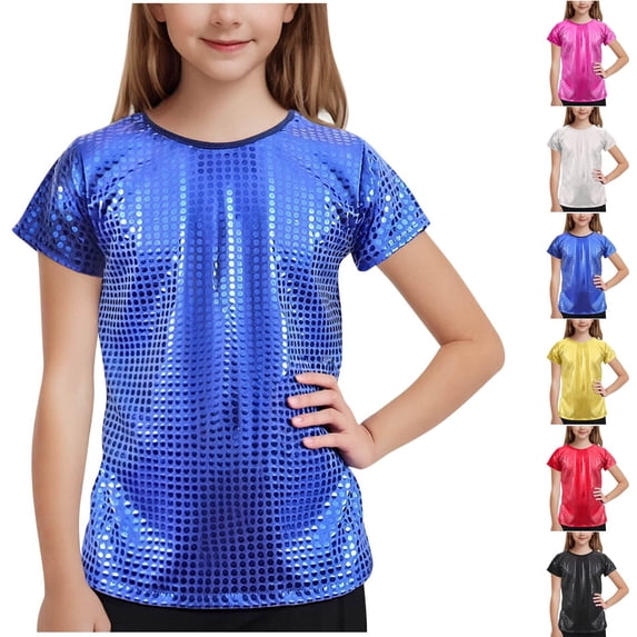 Lovzfmll Polka Dot Glitter Short Sleeve Tee for Girls, Solid Color Performance Top for Dance, Loose Fit Crew Neck for Kids 11-12 Years