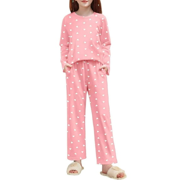 Lovzfmll Printed Long Sleeve Pants Set for Girls, Round Neck Top & Straight Pants, Casual Outfits for Kids 11-12 Years