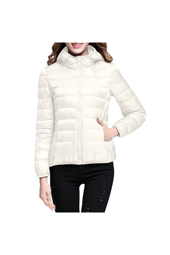 Puffer Jacket for Women, Lightweight Hooded Packable Coat, Solid Color Quilted Down Alternative for Travel