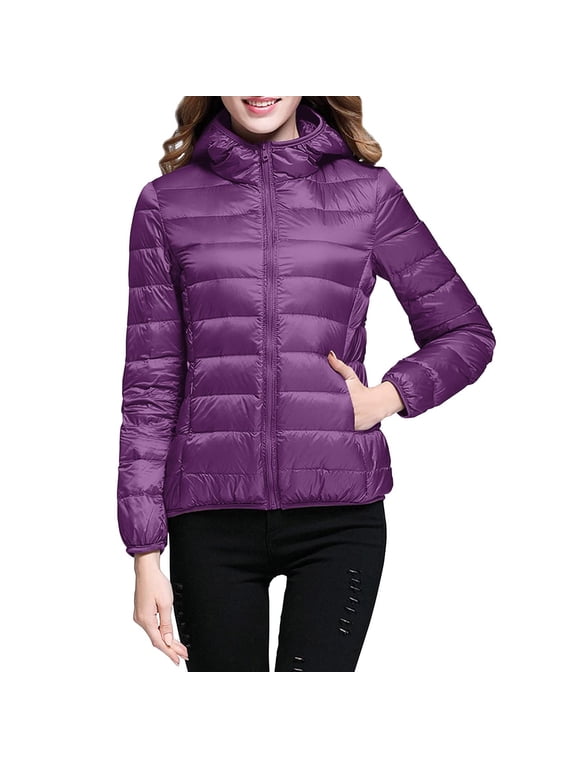 Puffer Jacket for Women, Lightweight Hooded Packable Coat, Solid Color Quilted Down Alternative for Travel