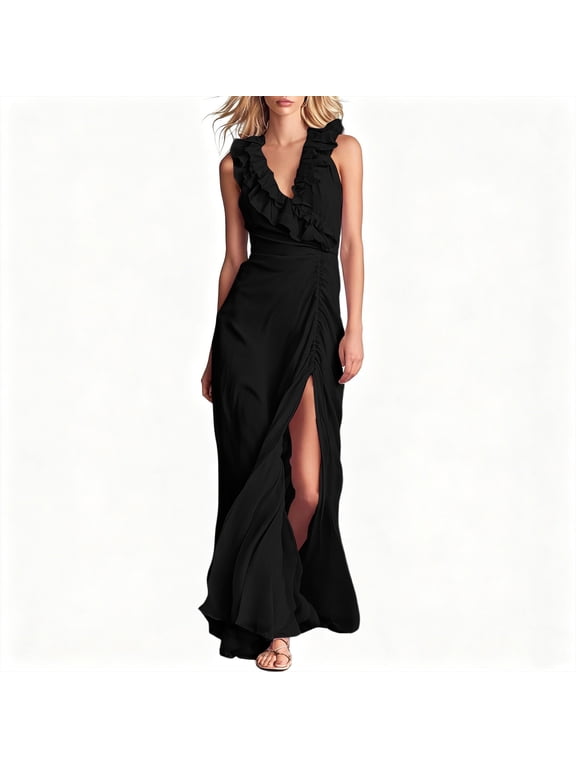 Relaxed V Neck Sleeveless Ruffle Hem Lace Trim Slip Maxi Dress for Women, Loose Casual Vacation Dress Black, 2XL