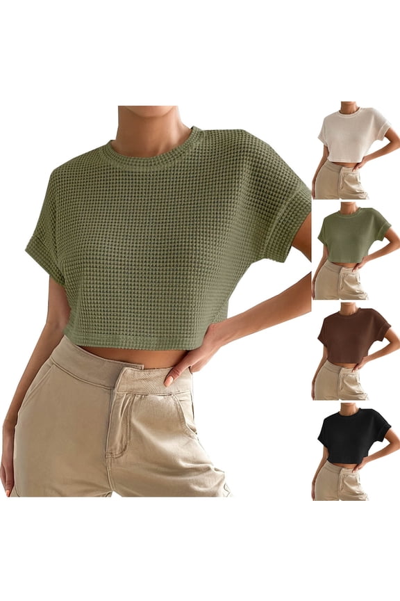 Round Neck Short Sleeve Pineapple Grid Loose Solid Casual Top for Women, Trendy and Cozy for Summer Black, S