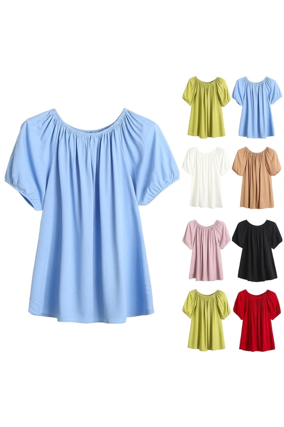 Round Neck Solid Color Short Sleeve Off The Shoulder Puff Sleeve Top for Women, Cozy and Trendy Going Out Blouse Sky Blue, Free Size