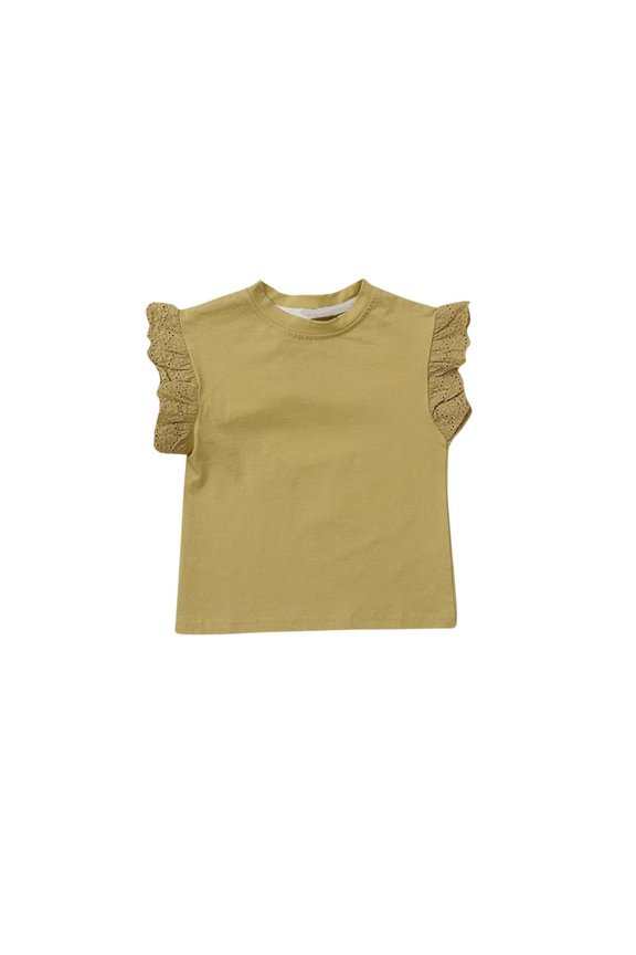 Ruffle Top Girls, Girls Shirt Short-Sleeve T-Shirt for Girls Children Solid Color Loose Round-Neck Western Style Tunic Tee Tops Cute Flying Ruffle Sleeves Summer Blouse for Girls Yellow 120