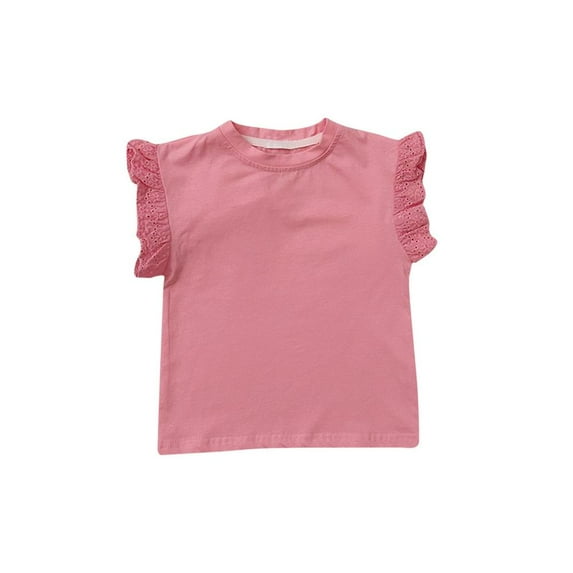 Lovzfmll Ruffle Top Girls, Girls Shirt Short-Sleeve T-Shirt for Girls Children Solid Color Loose Round-Neck Western Style Tunic Tee Tops Cute Flying Ruffle Sleeves Summer Blouse for Girls Pink 140