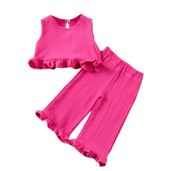 Lovzfmll Ruffle Trim Straight Pants Set for Girls, Sleeveless Round Neck Top & Wide Leg Pants, Streetwear Outfits for Toddler 2-3 Years